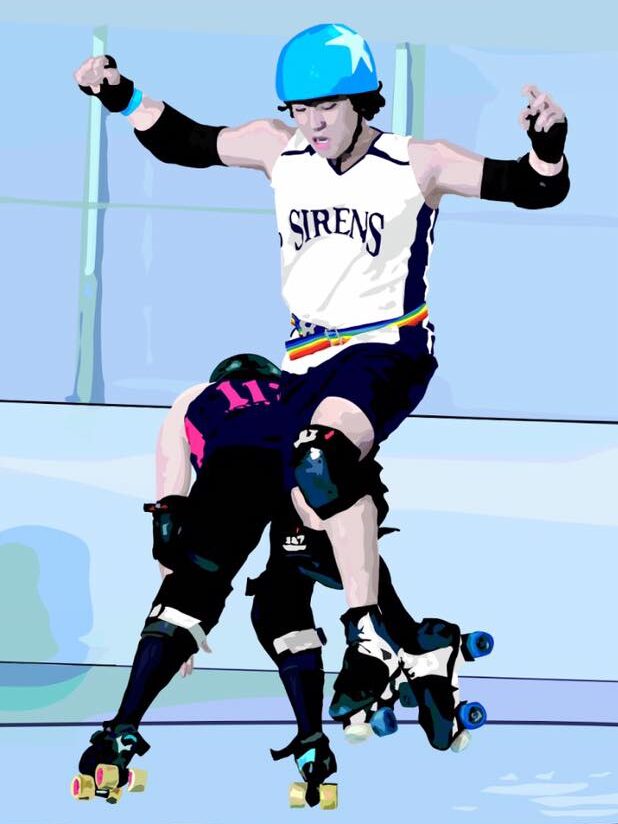 Vector rendition of a roller derby player jumping the apex while another player attempts to block them.